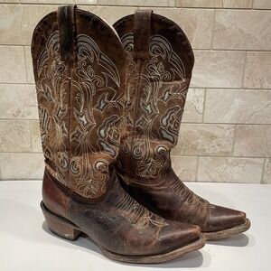 Arango Mens Brown Leather Cowboy Boots Western Stitching Square Toe Size 6 1/2